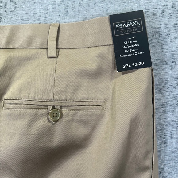 Jos A Bank Traveler Dress Pants Mens 50x30 Khaki Pleated Cuffed Cotton NEW - Picture 9 of 10